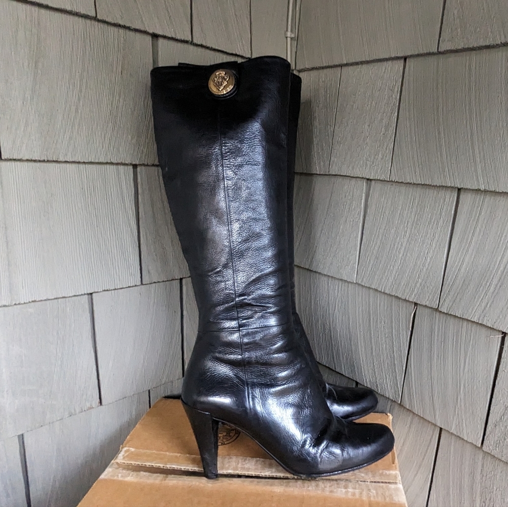 Womens Vintage Tall Gucci Gold Logo Black Leather Zip Boots Size 8M